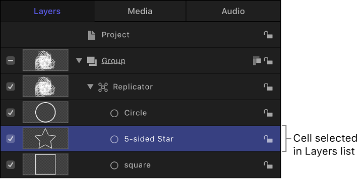 Layers list with selected replicator cell