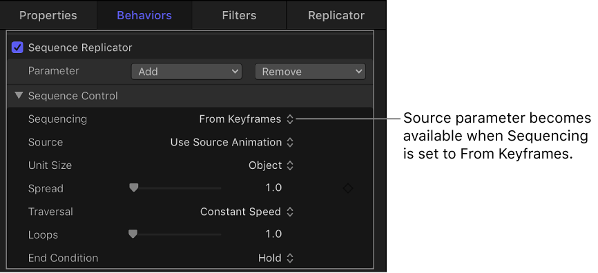 Behaviors Inspector showing Source parameter that appears when Sequencing pop-up menu is set to Custom
