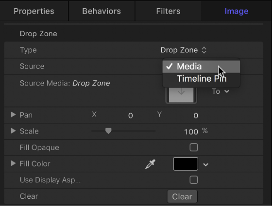 Choosing Media Source from the Type pop-up menu in the Image Inspector