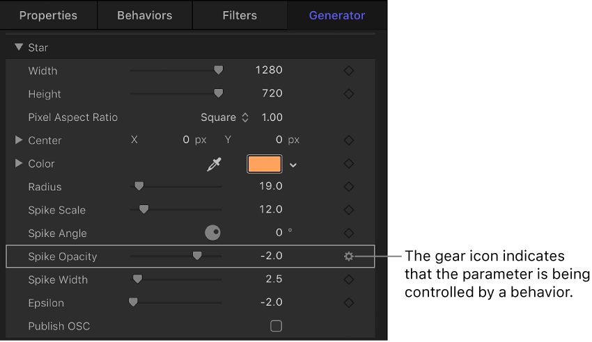 Generator Inspector showing Behaviors icon on Spike Opacity parameter