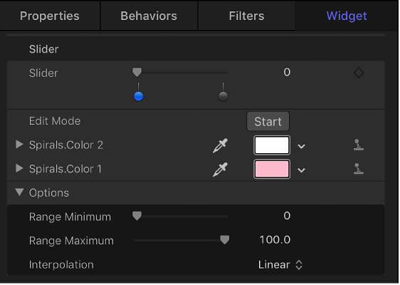 Inspector showing parameters added to slider widget