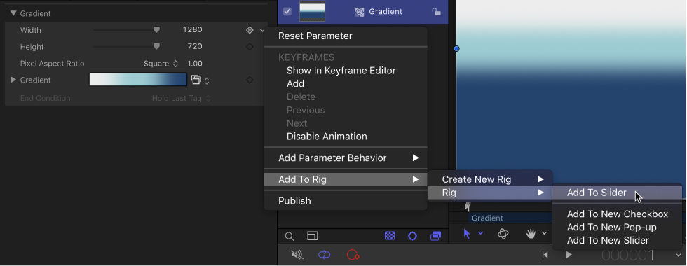 Inspector showing Animation menu with Add to Slider selected