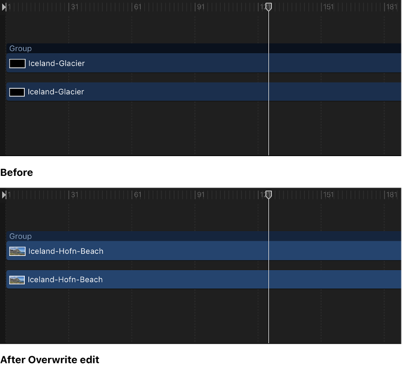 Timeline showing an object, then the object overwritten