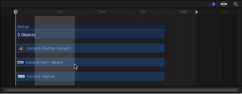 Timeline showing a selected range