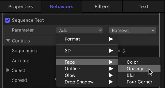 Inspector showing Add Parameter pop-up menu