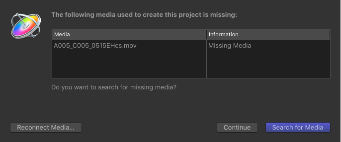 Dialog showing list of files with missing media