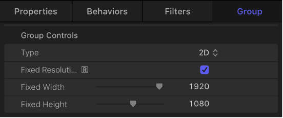 Group Inspector showing Fixed Resolution checkbox enabled