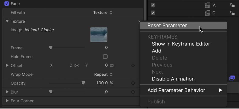 Text Inspector showing reset button for Texture parameter