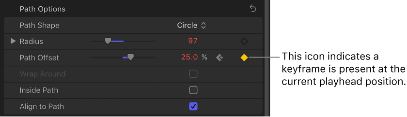 Text Inspector showing keyframe icon in Animation menu of Path Offset parameter