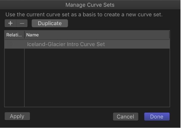 Manage Curve Sets dialog