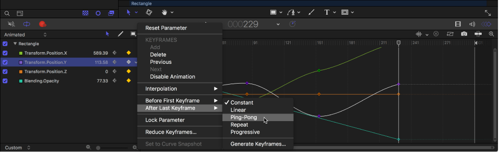 Keyframe Editor showing Before First Keyframe submenu of Animation menu