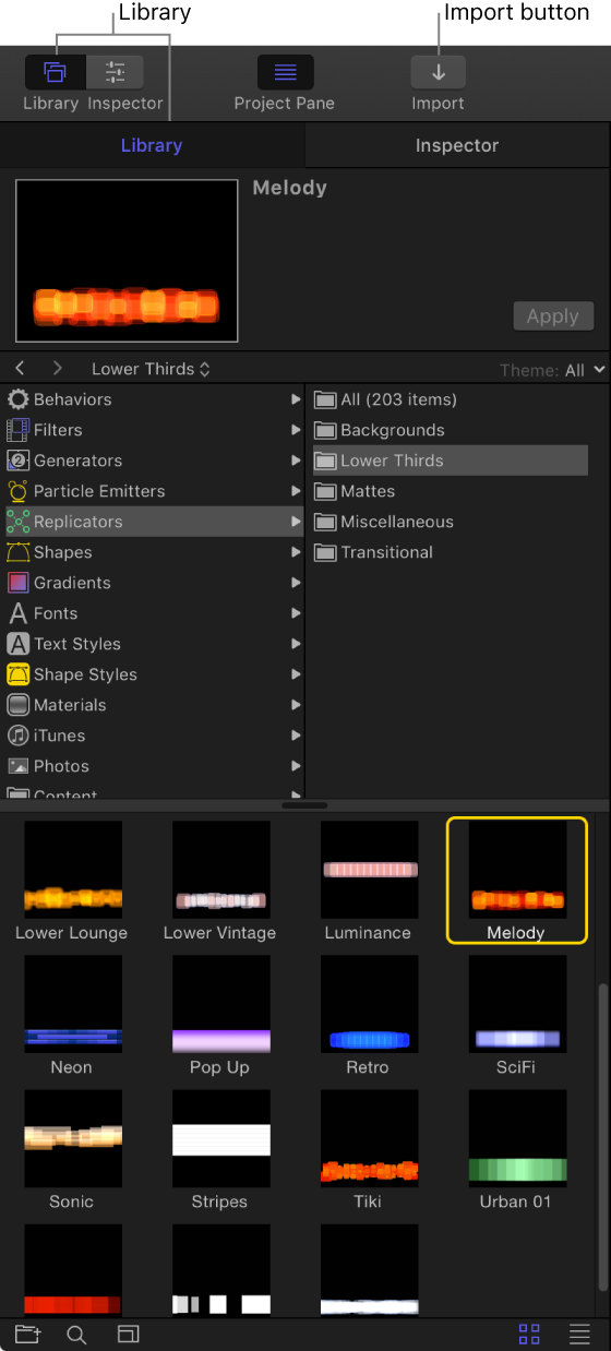 Library showing selected particle emitter and callout to Library and Import buttons