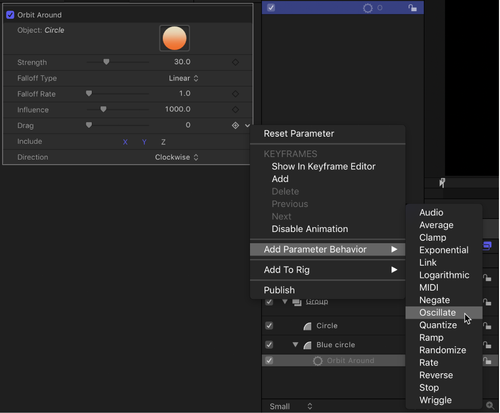 Add Parameter submenu in the Animation menu
