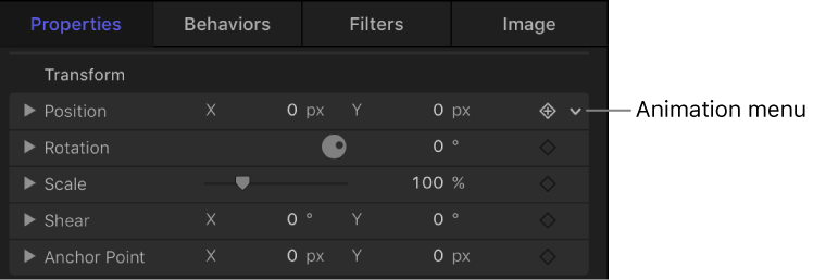 Animation menu icon in the Inspector