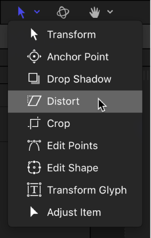 Selecting the Distort tool from the Transform tools pop-up menu