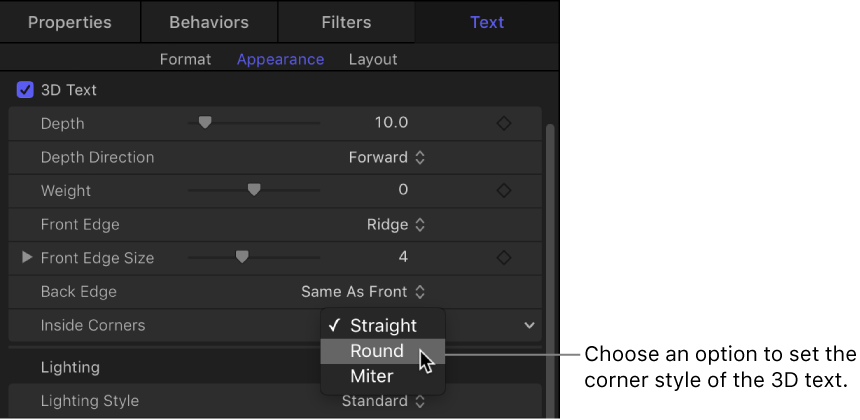 Appearance pane Text Inspector showing options in the Inside Corners pop-up menu