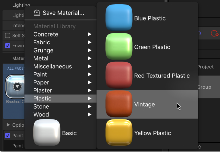 Inspector showing Material preset pop-up menu