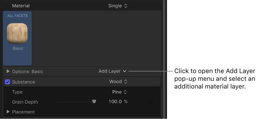 3D Text Inspector showing Material Add Layer pop-up menu