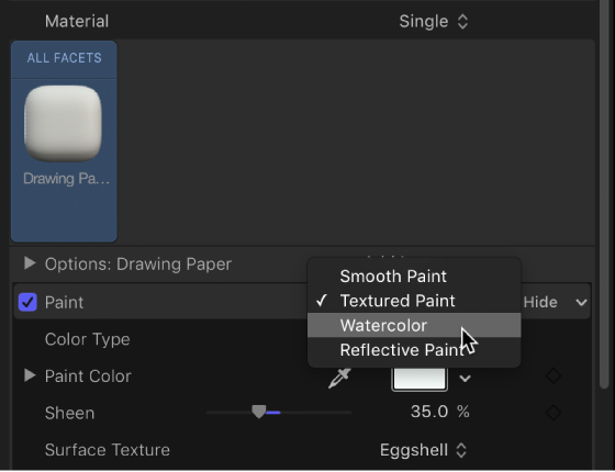 3D Text Inspector showing Paint pop-up menu