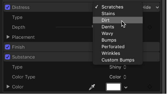3D Text Inspector showing Distress pop-up menu