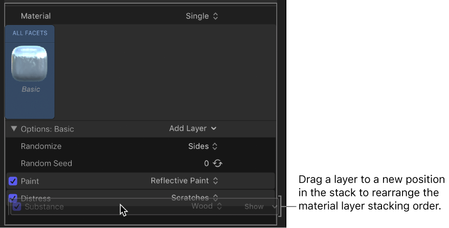 Dragging a material layer above another material layer in the Appearance pane of the Text Inspector