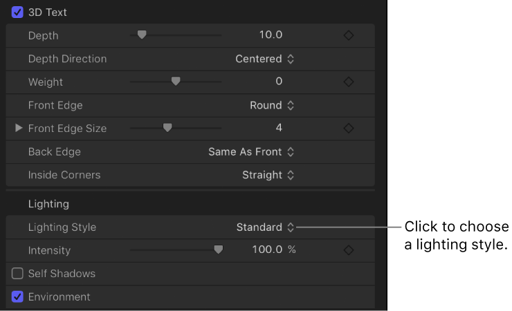 Lighting Style pop-up menu in the Appearance pane of the Text Inspector