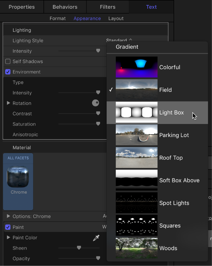Options in the Environment Type pop-up menu in the Appearance pane of the Text Inspector