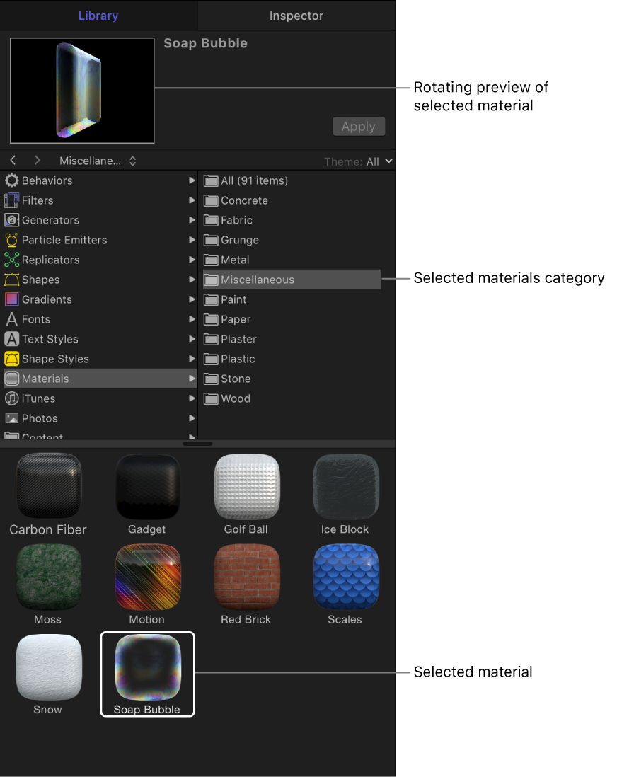 Library showing selected Soap Bubble material