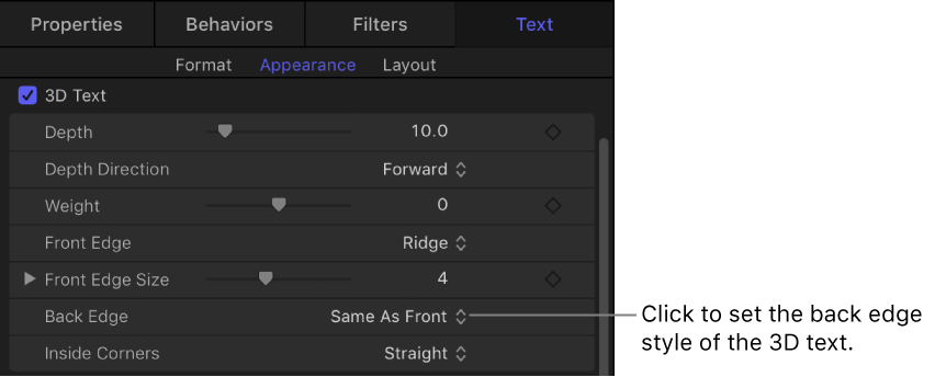 Back Edge parameter in the Appearance pane of the Text Inspector