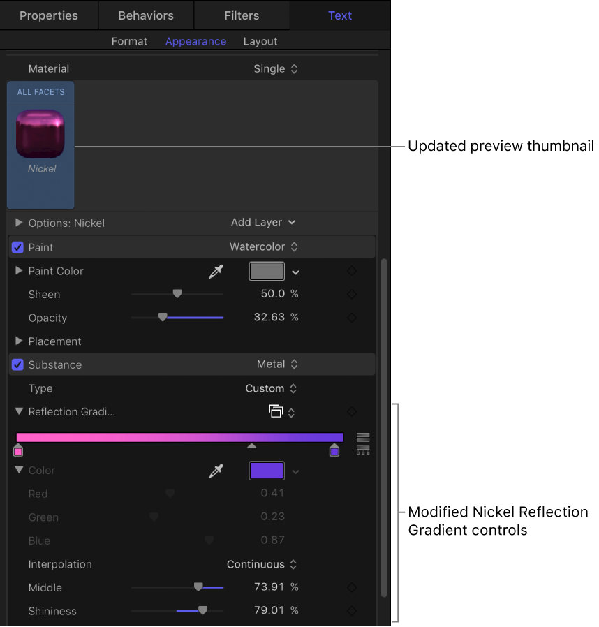 Modified Nickel Reflection Gradient controls and updated preview thumbnail in the Appearance pane of the Text Inspector