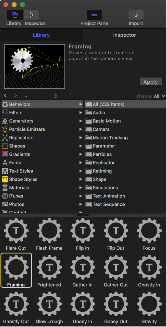 Behaviors category in the Library