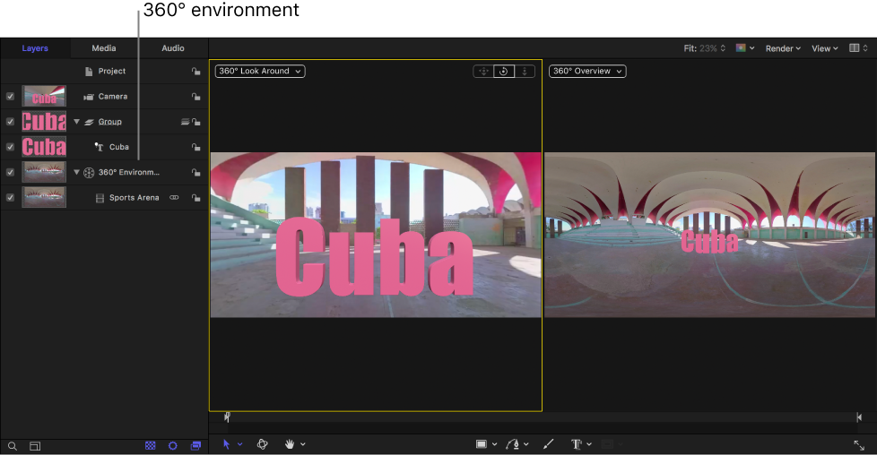 Project showing a 360° environment in the Layers list
