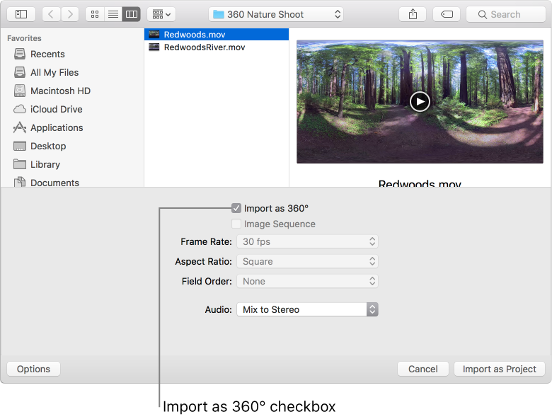 Import as 360° checkbox in the import dialog.