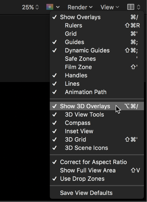 Selecting Show 3D Overlays from the View menu in the canvas