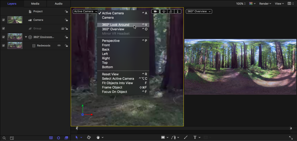 Selecting 360° Look Around from the Camera pop-up menu in the canvas