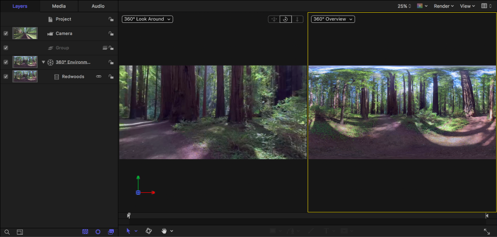 Canvas showing 360° Look Around (the projected image) in the left viewport and 360° Overview (the equirectangular image) in the right viewport