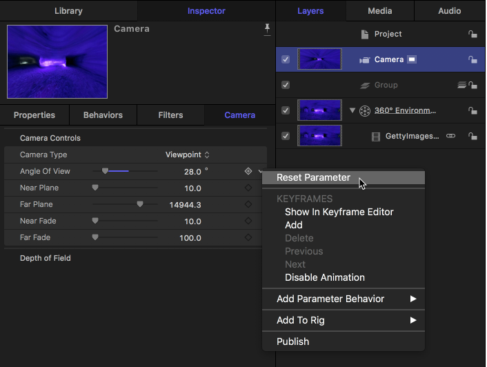 Resetting the Angle of View parameter in the Camera Inspector