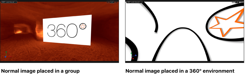 Images showing equirectangular image appearing correctly in a 360° environment and a standard image appearing distorted in a 360° environment