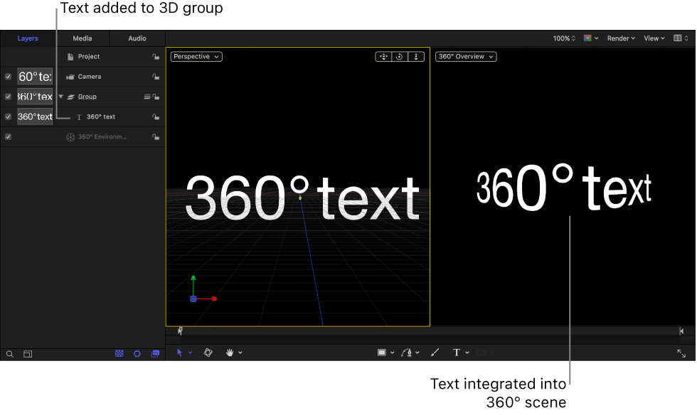 Text added to Group object in 360° project