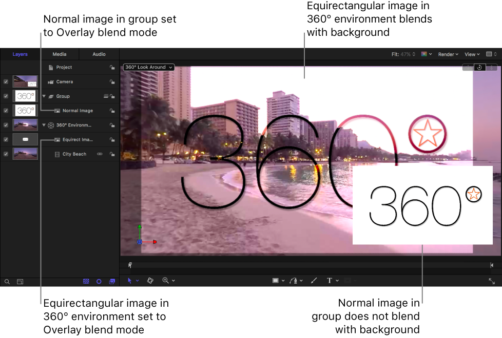 Canvas showing the Add blend mode having no effect on image in a group and the Add blend mode working correctly on an image in a 360° environment