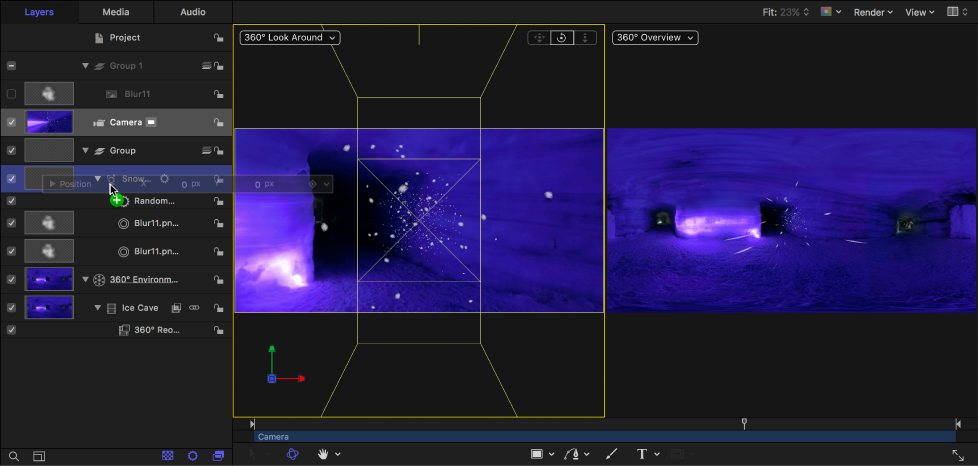 Dragging the camera Position parameters from the Inspector to the particle emitter in the Layers list