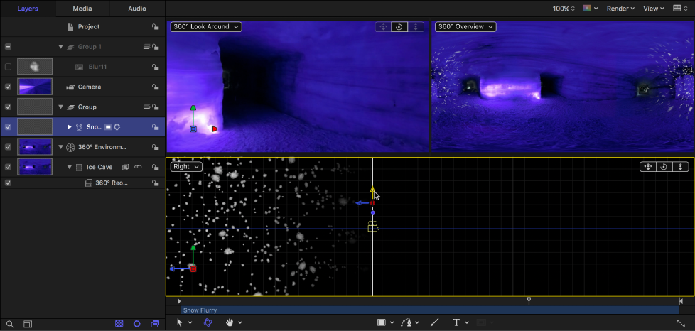 Dragging the Y Position control for the particle emitter in the 3D canvas view
