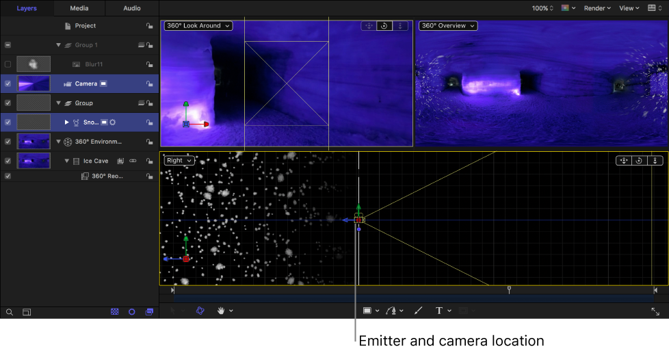 3D canvas view showing the particle emitter and camera in the same location
