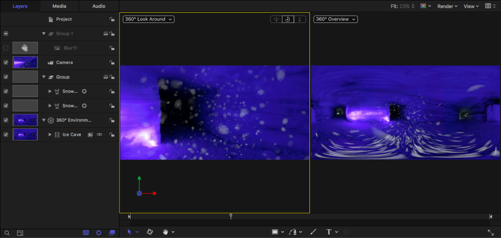 Snow particles integrated into the 360° scene
