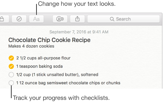 Use the Format button to change how text looks and checklists to track progress