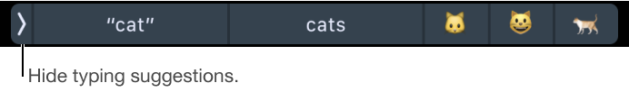 Typing suggestions showing words and emojis, and the button on the left to hide typing suggestions