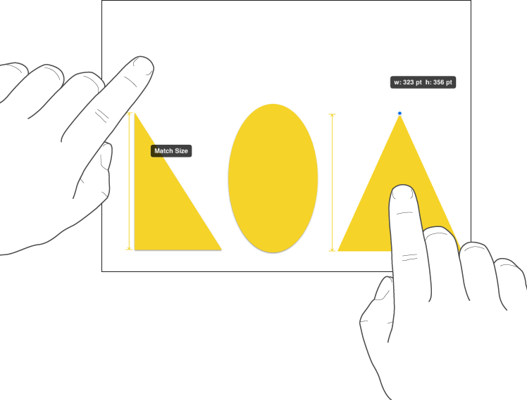 One finger just above a shape and another holding an object with Match Size on the screen