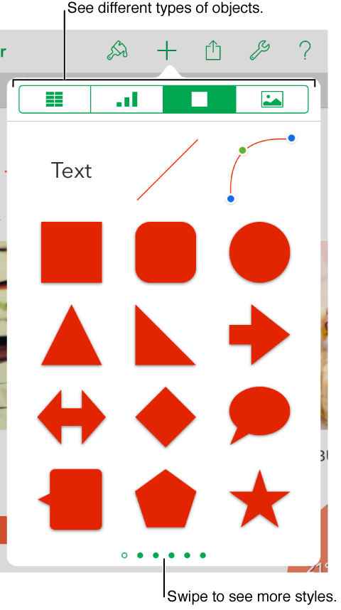 Style pane of Format inspector, showing predesigned objects and controls for modifying objects.