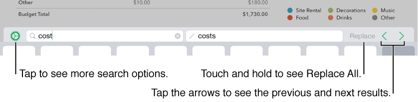 Controls for finding and replacing text