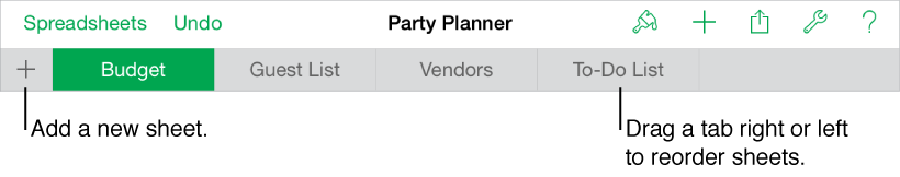 Tab bar for adding a new sheet, navigating, reordering, and reorganizing sheets